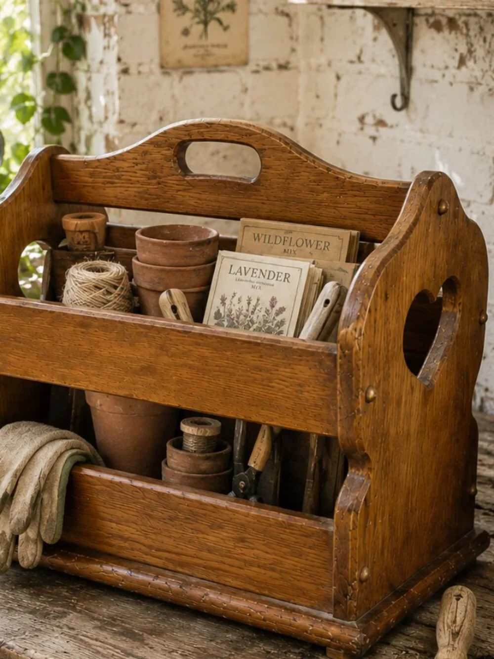 Vintage Primitive Rustic Portable Aged Patina Wooden Magazine Rack Record Holder